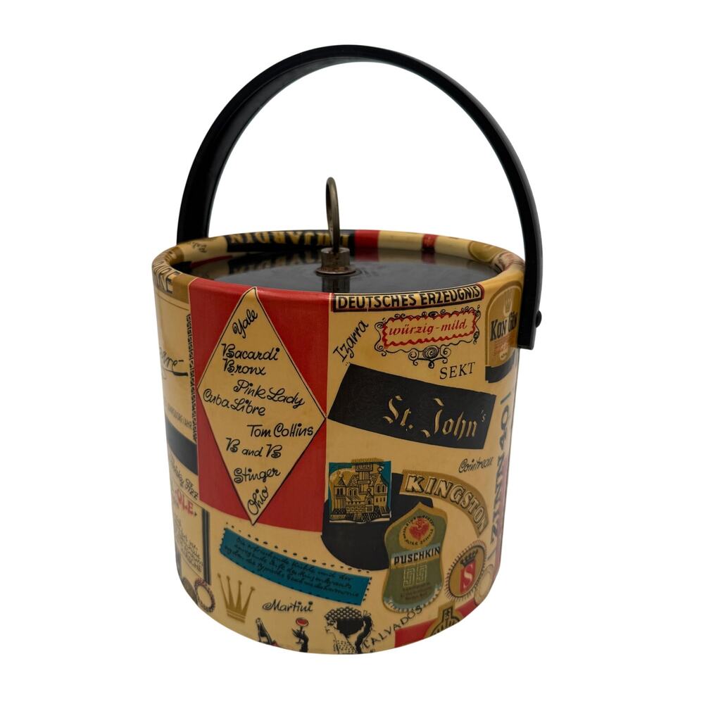 Vintage Cocktails Recipe Ice Bucket, Vinyl and Plastic, Mid Century Modern 7.5"